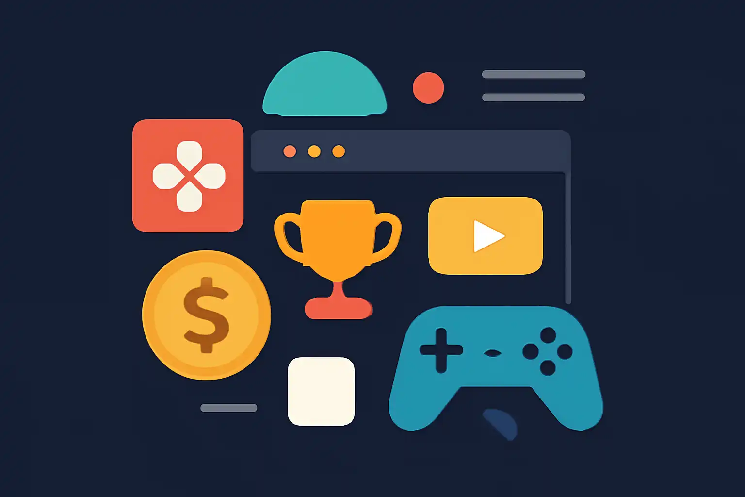 Hero illustration: Raxi Win, modern flat design, dark background, brand-neutral, icons and shapes only, no text