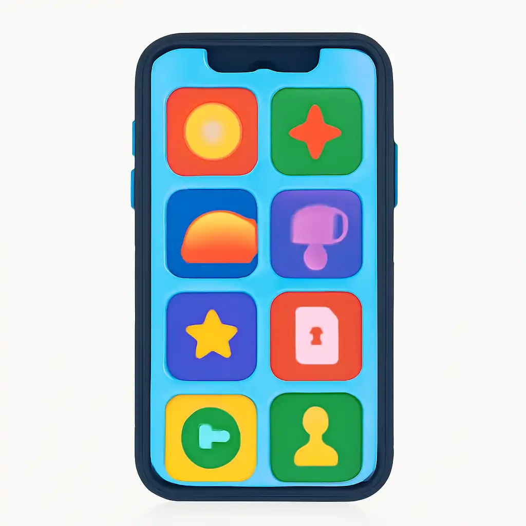 Smartphone shown from the front displaying a colourful flat layout of abstract game icons and rounded tiles (no text, no letters, no labels), Raxi Win