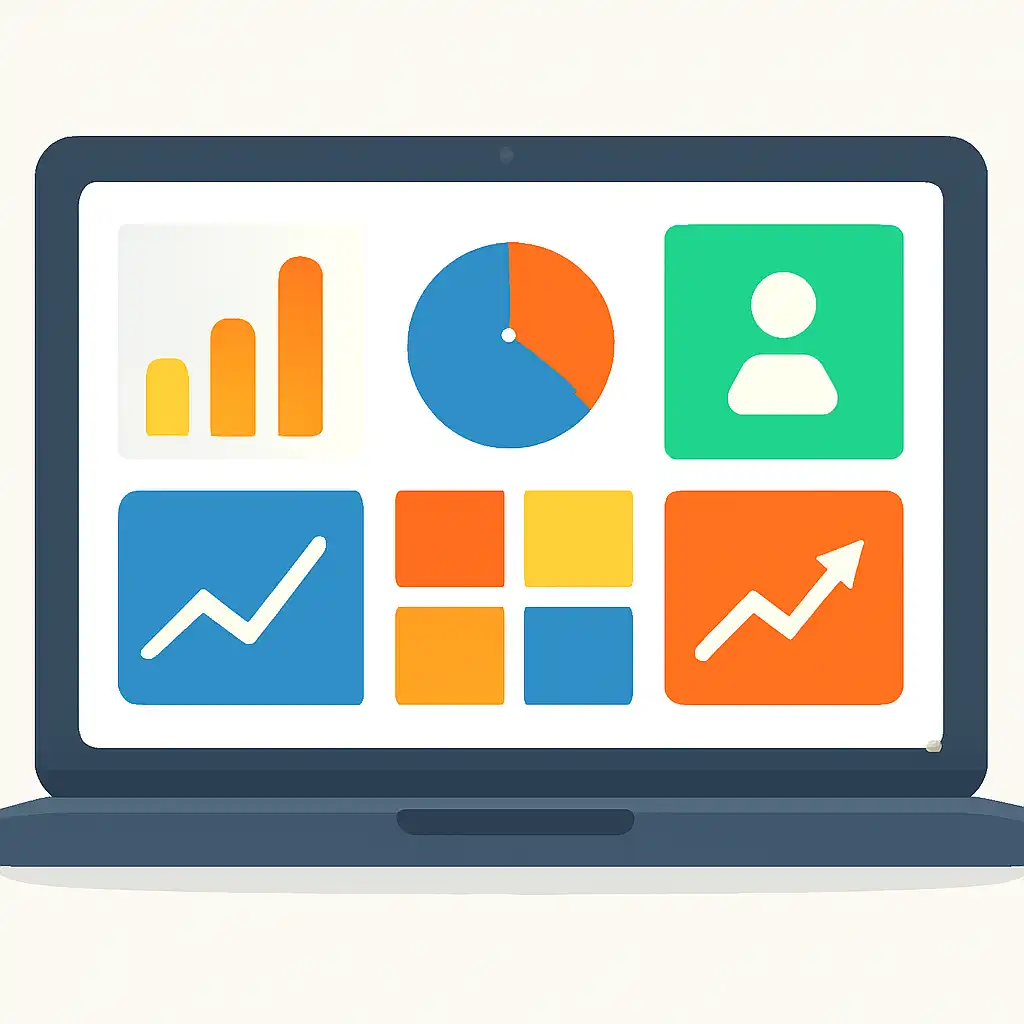 Laptop shown from the front displaying a colourful flat dashboard of abstract charts, bars and icon tiles (no text, no letters, no labels), Raxi Win
