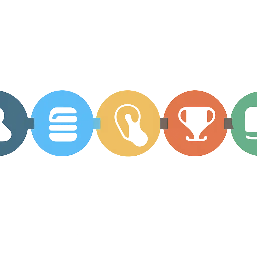 Five numbered circular icons connected by arrows in a horizontal flow, flat illustration, icons only, no words, Raxi Win steps